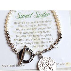 Earth Angel Sweet Sister Rhinestone Studded Charm Shell Pearl Stainless Bracelet